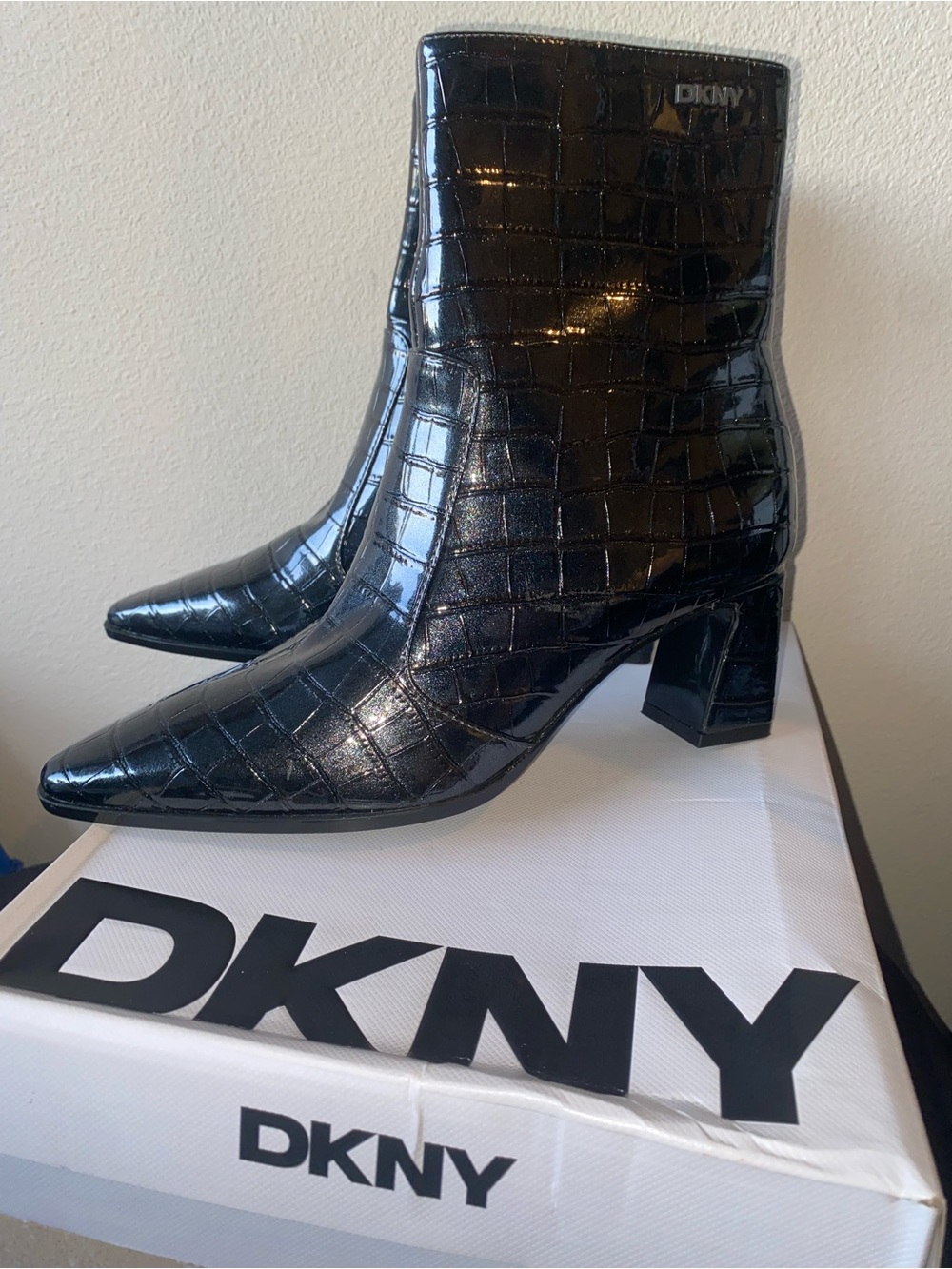 DKNY Black “Sunny Croc-Embossed” Patent Ankle Boots
